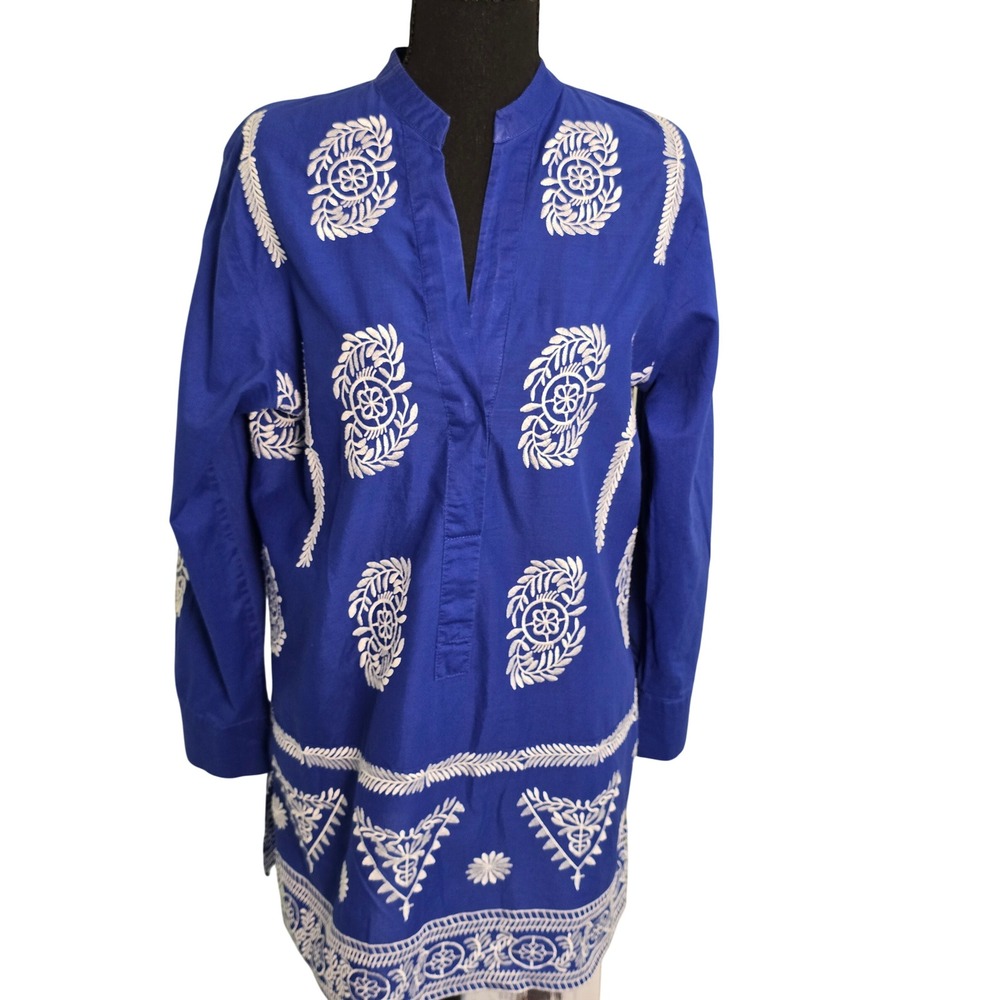 Zara Royal Blue Embroidered Cotton Tunic Top Long Sleeve Boho Split Neck Medium